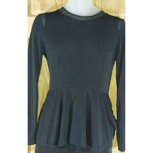 Elie Tahari Long Sleeve Black Blouse w/ Mesh Accent, Fitted Waist Flair Hem Sz M